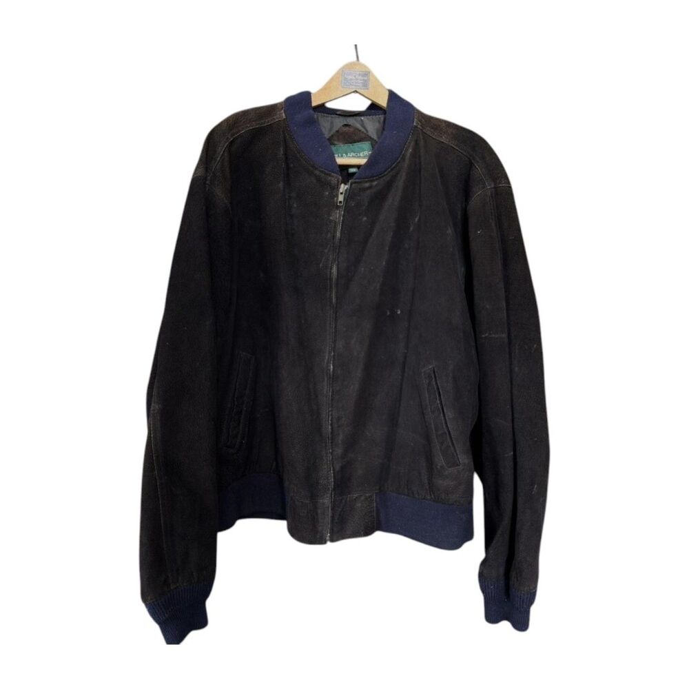 Hill Archer Black suede bomber jacket with navy blue collar and cuffs 46in long
